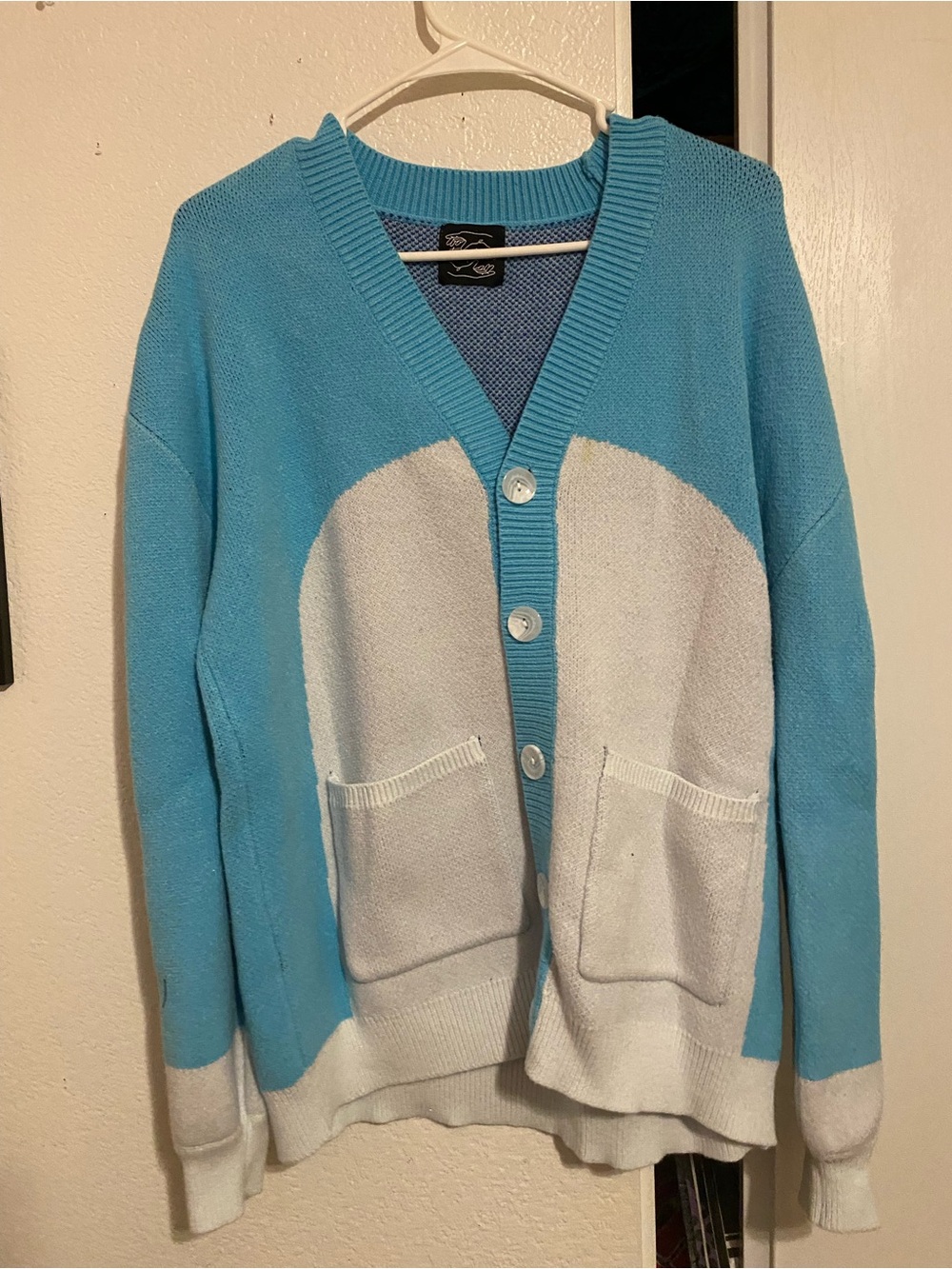 Light Blue and White V-Neck Button Cardigan Sweater